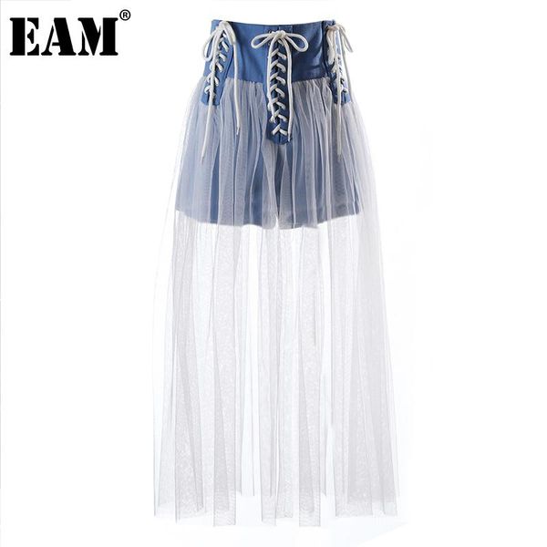 

skirts [eam] high waist blue black denim spliced bandage mesh long half-body skirt women fashion tide spring summer 2021 1dd10017