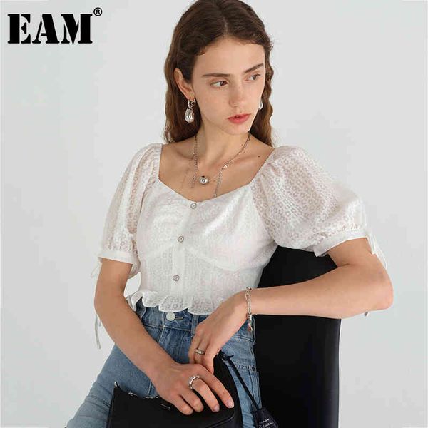 

[eam] women white bow lace ruffles blouse square neck short puff sleeve loose fit shirt fashion spring summer 1dd7840 21512