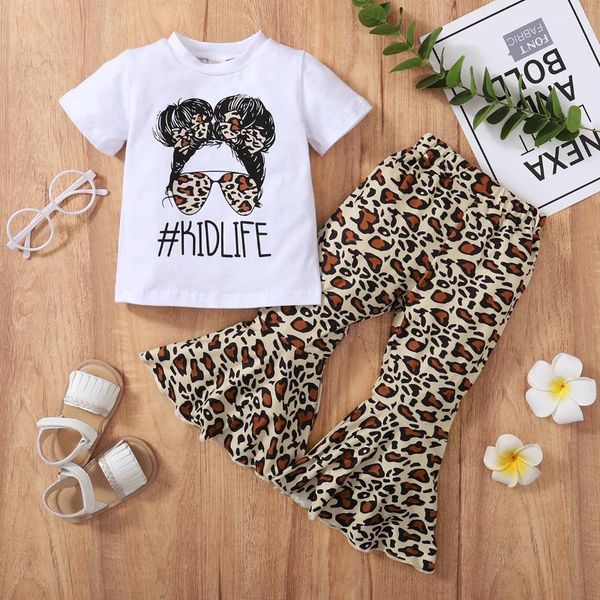 

clothing sets children baby girls summer casual clothes set letter print short sleeve t-shirt + leopard flared trousers pants 2-6 years, White