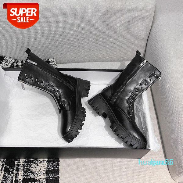 

thick-soled british style martin boots women's thin mid-tube front zipper motorcycle, Black