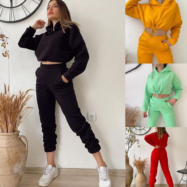 

long sleeve 2 pieces sets womenpant casual o neck slim outfits fashion solid color hoodie sports suit tracksuit, White