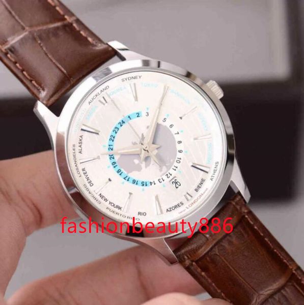 

swiss wristwatches full month date mens watches round stainless leather strap gmt reloj automatic business casual mechanical luxury watch, Slivery;brown