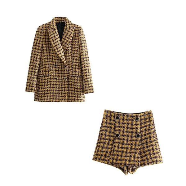 

two piece dress dylqfs 2021 women tweed two-piece set plaid vintage office lady double breasted blazer female slim high waist shorts skirt s, White