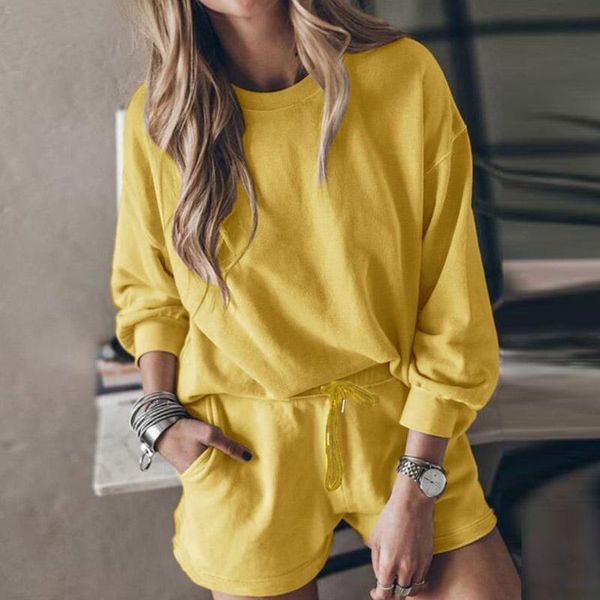 

women's tracksuits women round neck full-sleeves shorts suit solid spring autumn casual two-piece femme elegant retro loose pullover st, Gray