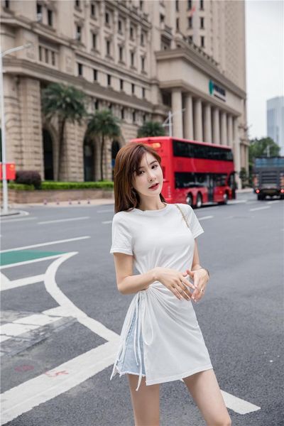 

short sleeved women 2021 solid color side split drawstring slim dress summer korean edition versatile bottom coat women's polos, White