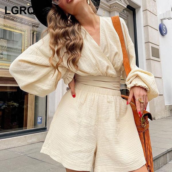 

women's tracksuits [lgrq] beige pantsuit casual shorts two piece suit v-neck long sleeve women fashion tide spring autumn 2021 19d2991, Gray