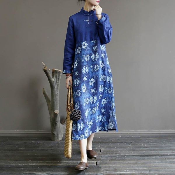 

casual dresses nefeilike cotton linen dress loose women autumn robes stand long sleeve print floral clothing button vintage, Black;gray