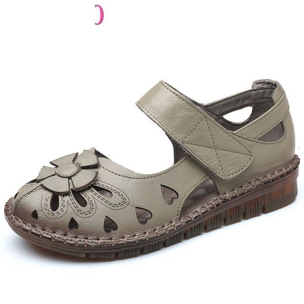 

sandals genuine leather women summer shoes flowers flat heel comfortable hollow cover toe woman big size 39j8, Black