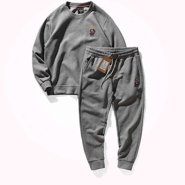 

autumn and winter heavyweight casual hoodies + sweaterpants two-piece suit men's retro waffle long sleeve round neck sportwear g1217, Gray