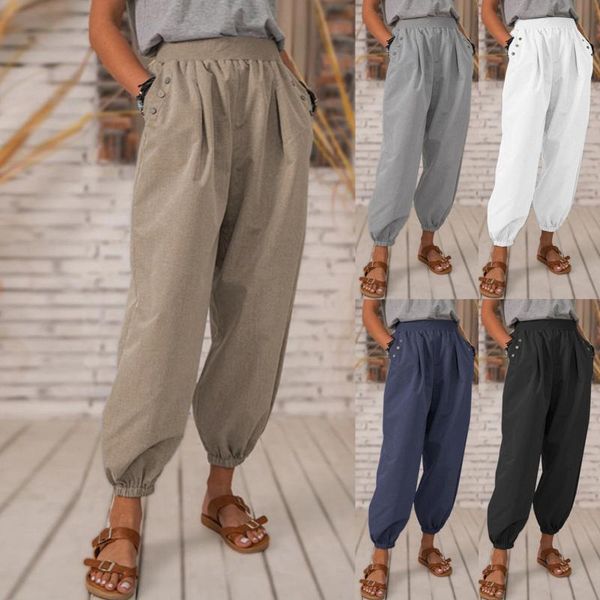 

women's pants & capris casual style cotton linen women 2021 spring summer elastic waist solid basic retro loose harem trousers, Black;white