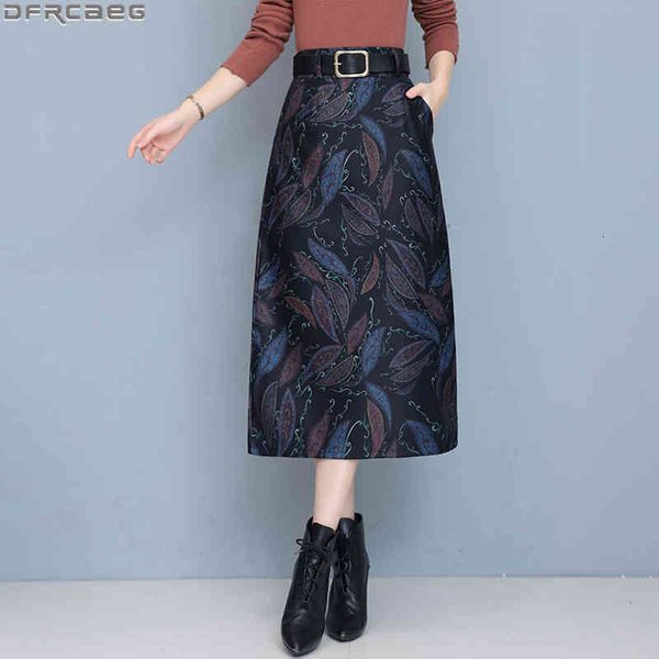 

casual dresses vintage winter woolen skirts women with belt high waist a-line jupe femme elegant print floral office bodycon skirt, Black;gray