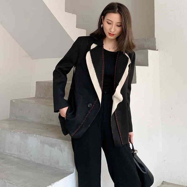 

[eam] women black contrast color burr blazer new lapel long sleeve loose fit jacket fashion tide spring autumn 1w519 201013, White;black