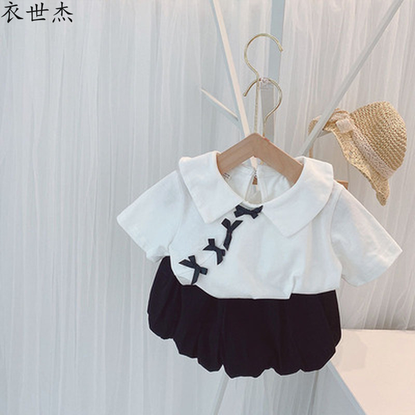 

2022 baby suit summer new girl soft bow blouse black bud hakama thin trend, White