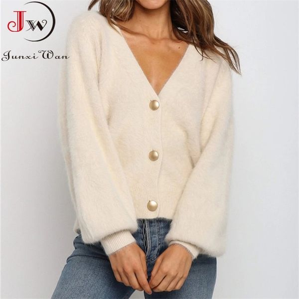 

women elegant long sleeve mohair sweater cardigan casual single-breasted short soft autumn winter knitted coat jumper pull femme 210812, White