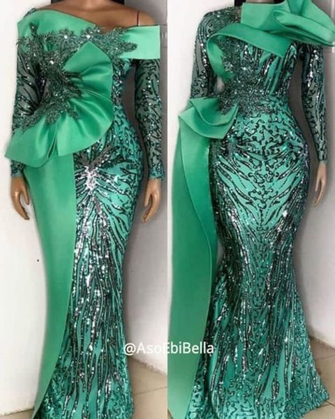 

emerald green mermaid evening dresses with long sleeve ruffles stain african aso ebi fishtail luxury sequin prom dress moroccan galabiyat, Black;red