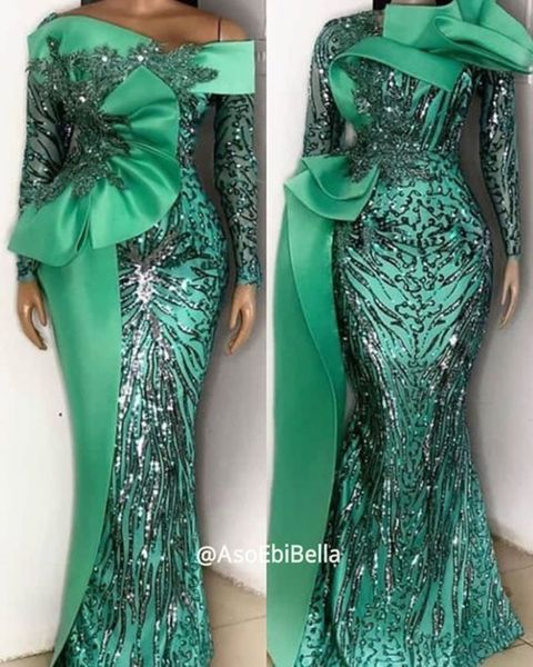 Smeraldo Verde Sirena Abiti da sera con a maniche lunghe macchia macchia africana Aso EBI Fishtail Luxury Sequin Prom Dress Dress Marocchino Galabiyat