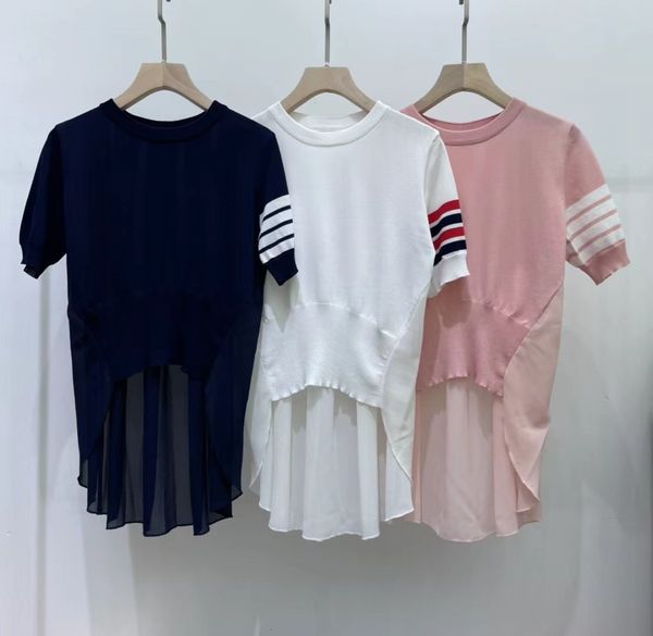 

t shirt ice silk college style four bar front short back long round neck contrast color sleeve loose chiffon 21 women, White