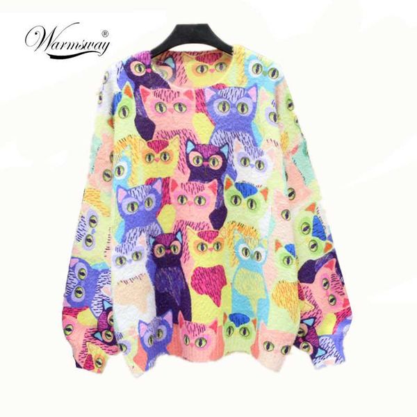 

women's sweaters cartoon cat colorful loose large size casual knitted pullovers winter fashion style long sleeve o neck sweater women c, White;black