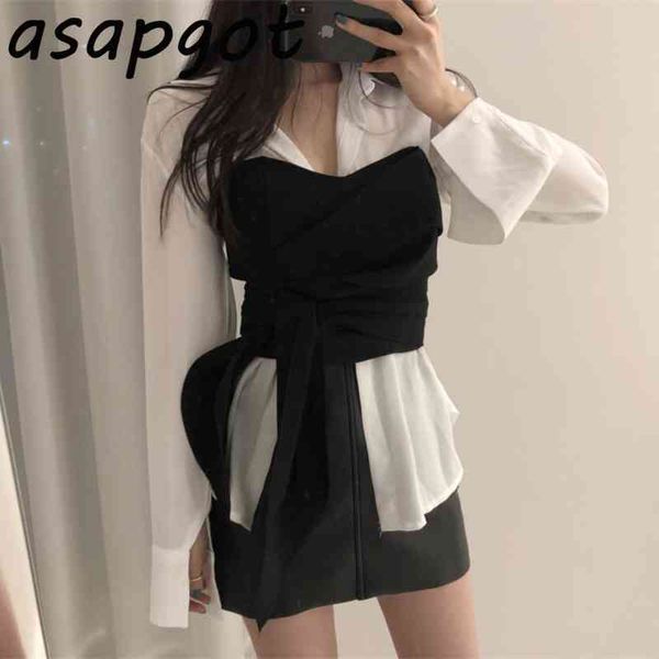 

summer korean chic solid loose white turn down collar chiffon blouse office lady lace up strapless retro elegant 210429