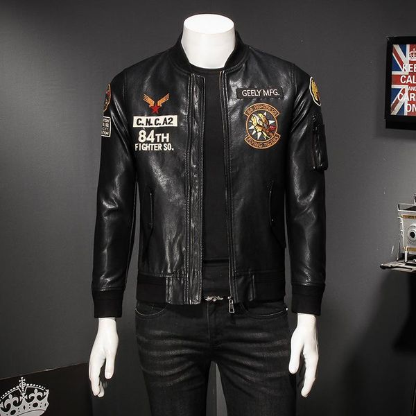 

male embroidery baseball collar men autumn motorcycle black outerwear faux pu leather jacket 2021 coat men's fur &