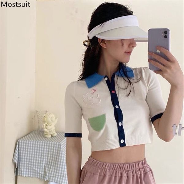 

summer fashion turn down collar short sleeve knitted sweater women's cropped cardigan with pocket crop sweet korean style 210514, White