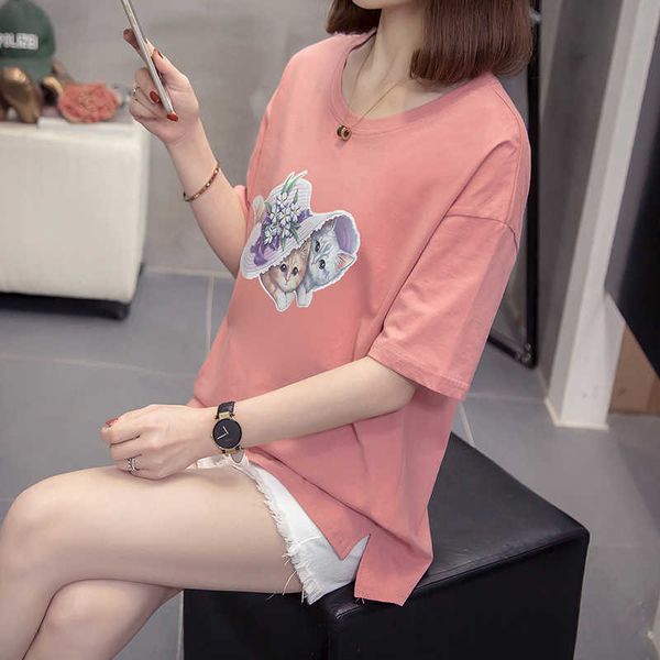 Artı Boyutu T Gömlek Kadın Yaz Tops Karikatür Baskı T-Shirt Kadın Kore Pamuk Pembe Tişört Kadın Giyim Tee Gömlek Femme 210604