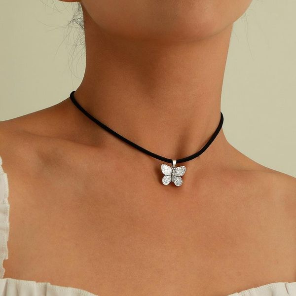 

chokers simple vintage style alloy butterfly pendant necklace for women harajuku leather rope chain choker colar jewelry gift, Golden;silver