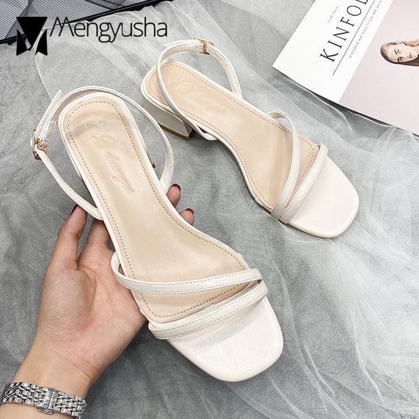 

dress shoes rome solid narrow band microfiber gladiator sandals woman chunky med heels women slingback buckle sandalias mujer2021, Black