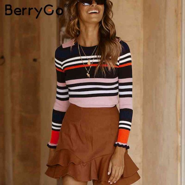 

berrygo striped ruffle knitting winter sweater o neck slim casual pollover women flounce sleeve knitted jumper pull femme 210513, White;black