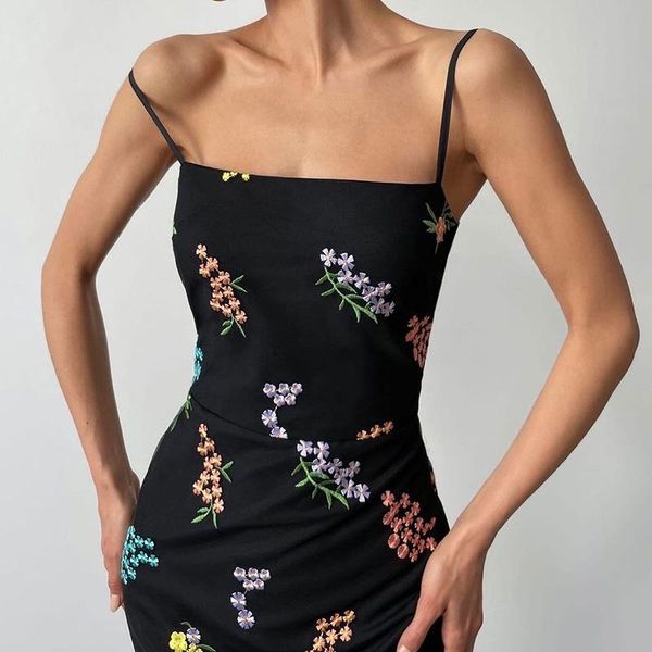 

casual dresses embroidery floral midi dress women summer beach wear sleeveless evening elegant halter mesh trim femme draw back waist vestid, Black;gray