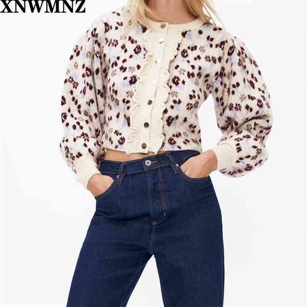 

fashion women autumn jacquard knit cardigan ladies retro round neck long balloon sleeves jabot frill cardigan chic 210520, White;black