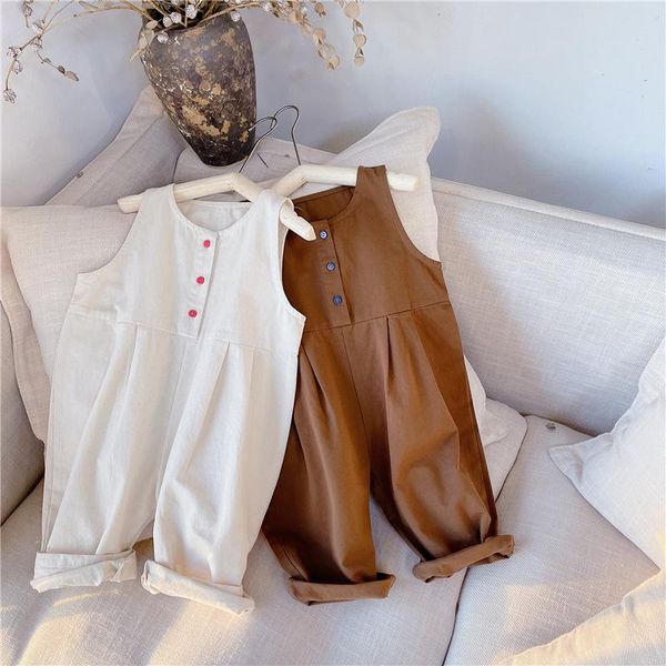 

jumpsuits spring style toddler baby boys girls cotton overalls solid sleeveless sling button design jumpsuit loose pants, Blue