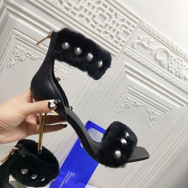 

2022the latest high-heeled sandals in spring summer made by heavy industry pearl beading squared toe stilettlo metal heels feath, Black