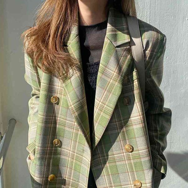

women's trench coats korea early spring and autumn loose temperament plaid blazer women's long chic a71m, Tan;black