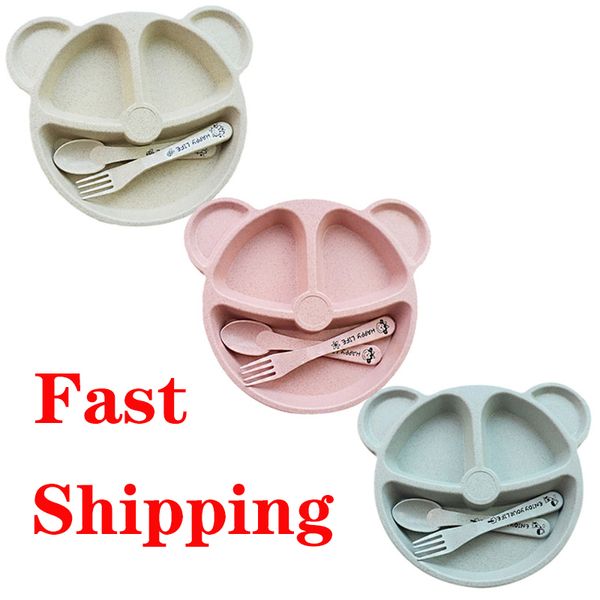

children cartoon tableware set baby dinner plate baby feeding training wheat straw bowl spoon fork for kids