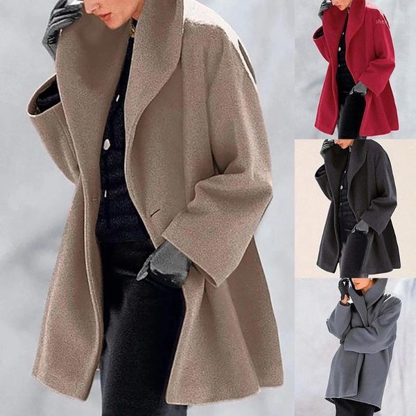 

women autumn winter shawl turn-down collar button warm hooded jacket long elegant overcoat outerwear women's wool & blends, Black