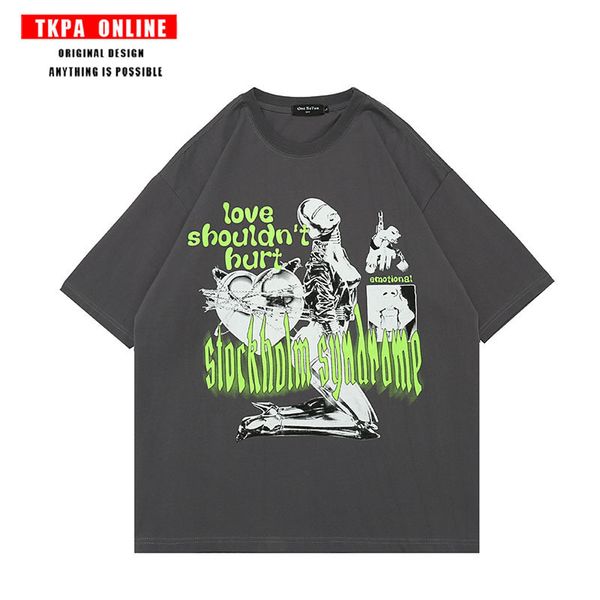 

tkpa spring and summer american high street dark print vibe short sleeve t-shirt men's and women's half sleeve base shirt, White
