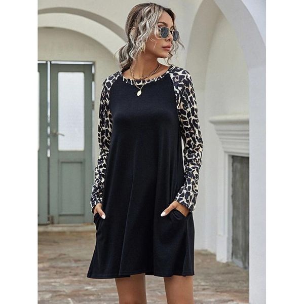 

casual dresses long sleeve leopard patchwork women dress 2021 fashion autumn clothes female mini o-neck streetwear, Black;gray