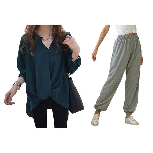 

women's pants & capris loose harem solid fashion hip hop high waist baggy trousers xl gray temperament chiffon shirt green, Black;white