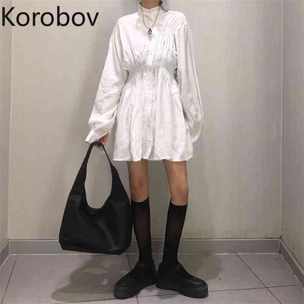 

korobov stand collar irregular design white dress women high wasit hip lantern long sleeve a line vestido summer button ropa 210430, Black;gray