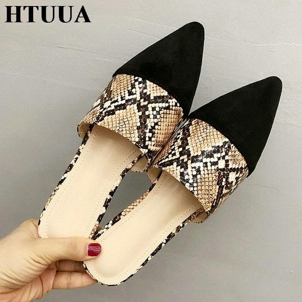 

slippers htuua autumn summer pointed toe mules shoes women flats fashion serpentine leather slides slip on ladies sx3469, Black