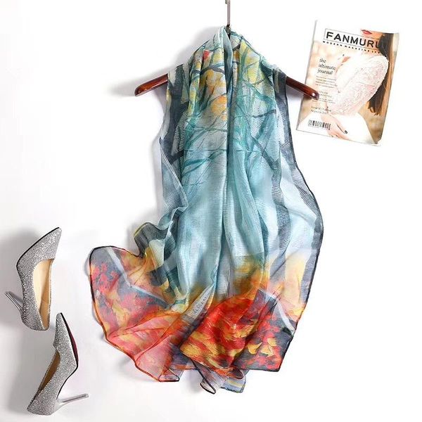 

scarves 2021 spring and summer silk scarf digital printing oil painting female national style beach towel sunscreen shawl, Blue;gray