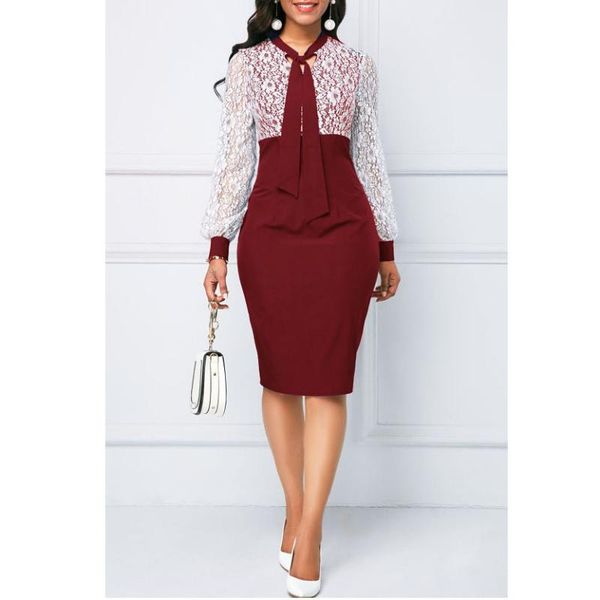 

casual dresses office lady lace for women party pencil dress autumn long sleeve bodycon midi ladies slim, Black;gray