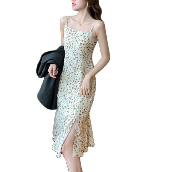

printed v-neck chiffon fashion sling skirt female little daisy retro french floral long summer dress 210520, Black;gray