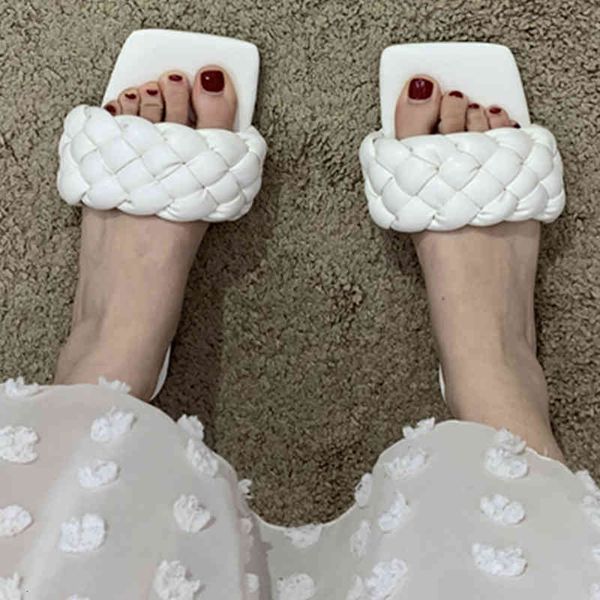 

slippers vintage weave pattern soft bottom pu woman slip on beach flipflops shoes women solid outside checkered flat slides, Black
