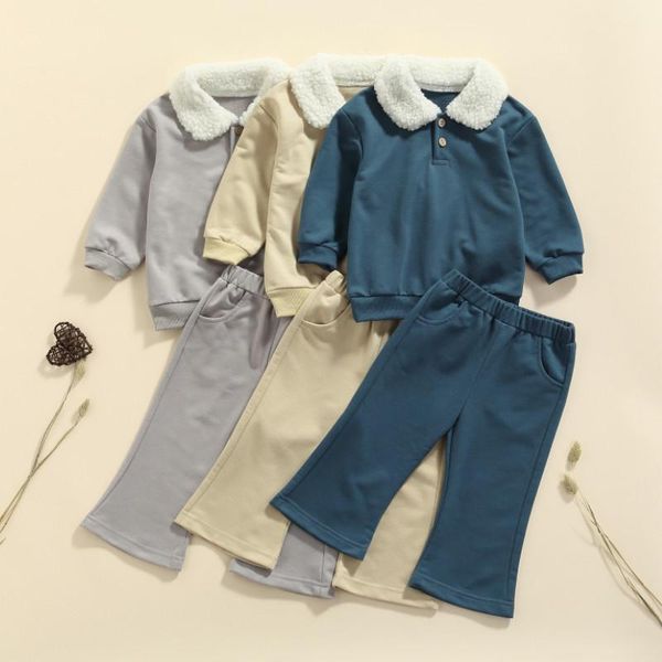 

clothing sets girls casual two-piece clothes set, solid color turn-down collar pullover and elastic waist flared pans, spring autumn, White