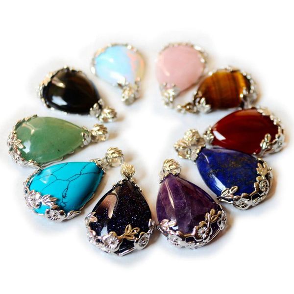 

decorative objects & figurines reiki natural amethyst stone teardrop pendants crystal rose quartz inlaid flower healing gemstone necklace cr