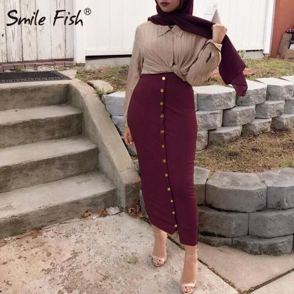 

women bottoms high waist buttons bodycon femme long pencil skirts 2021 autumn stretch solid streetwear plus size gv799, Black