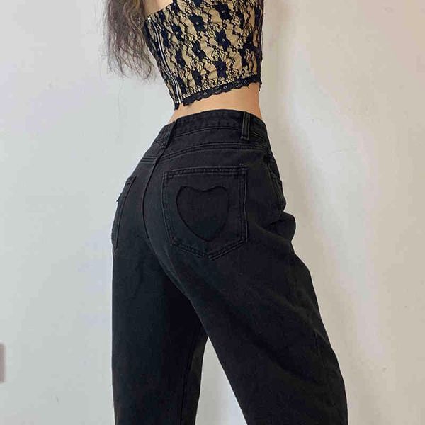 

heart pattern pocket y2k baggy jeans for girls gradient high waist trousers aesthetic straight denim pants women streetwear 210415, Blue