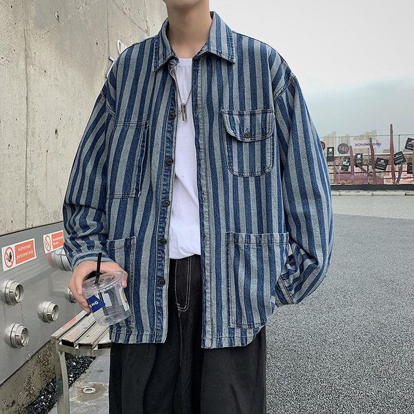 

men's jackets autumn striped denim jacket men's fashion multi-pocket tooling mens streetwear loose hip-hop bomber men, Black;brown